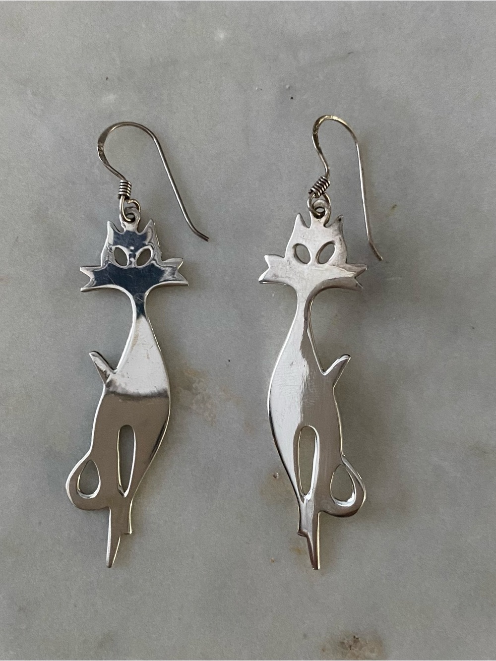 Sterling Silver Poised Feline Cat Silhouette Dangle Earring 925 VTG